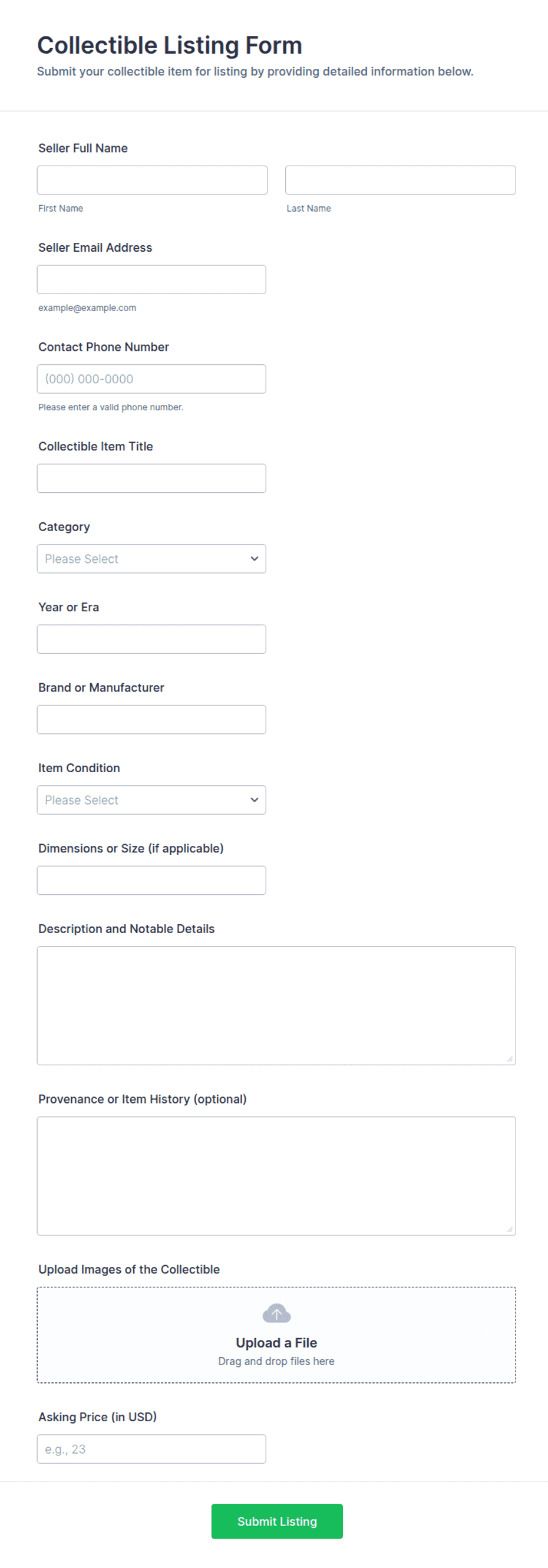 Collectible Listing Form Template | Jotform
