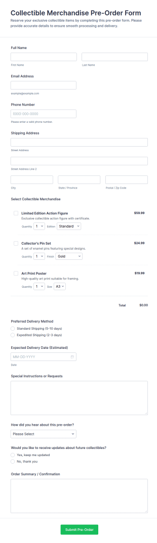 Collectible Merchandise Pre Order Form Template