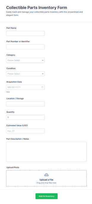 Collectible Parts Inventory Form Template