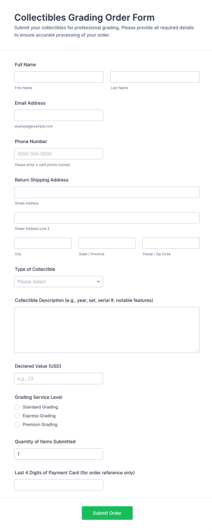 Collectibles Grading Order Form Template