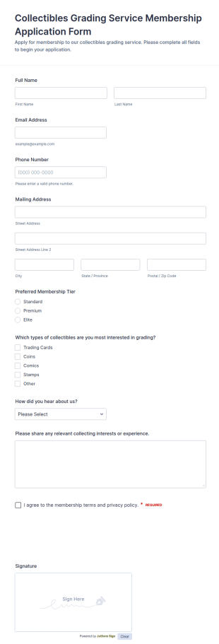 Collectibles Grading Service Membership Application Form Template