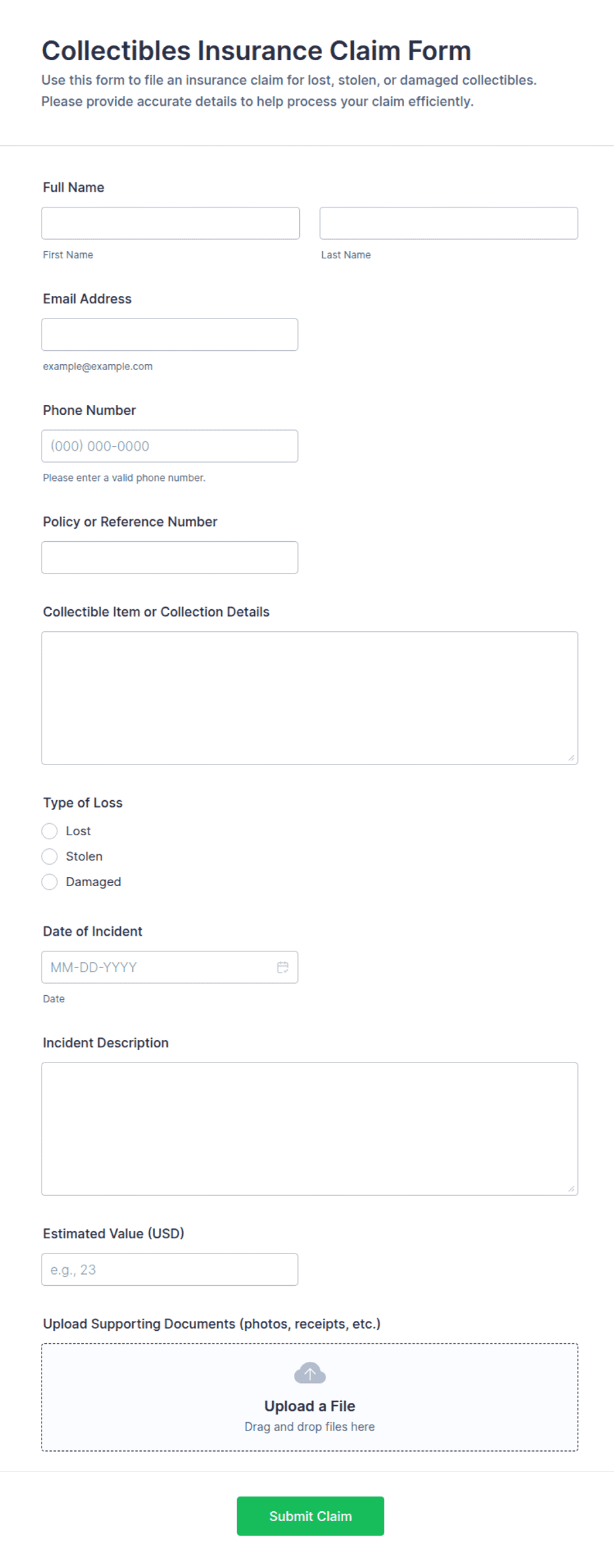 Collectibles Insurance Claim Form Template | Jotform