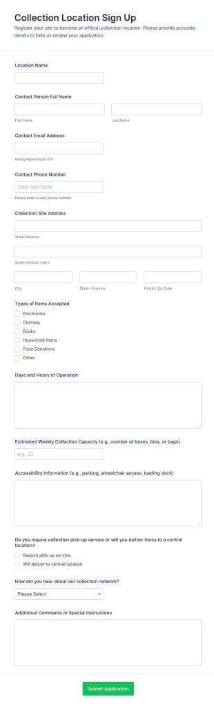 Collection Location Sign Up Form Template