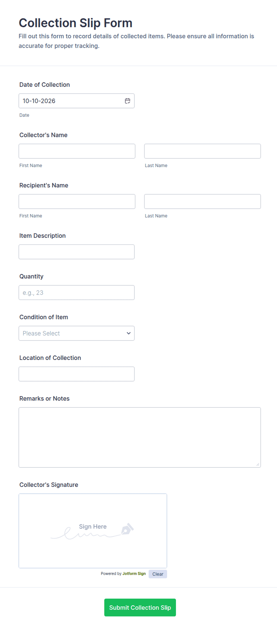 Collection Slip Form Template | Jotform