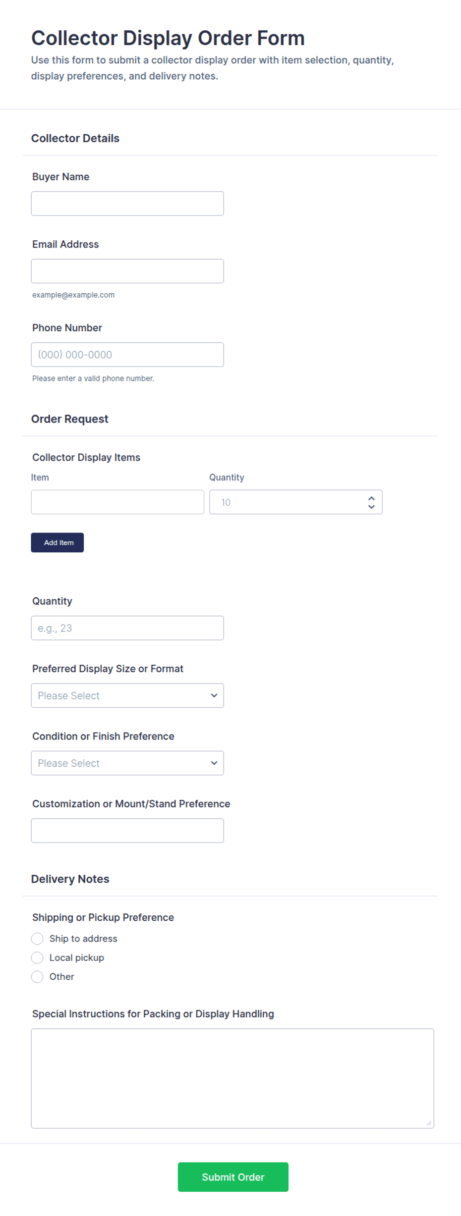 Collector Display Order Form Template | Jotform