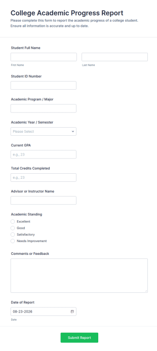 College Academic Progress Report Form Template