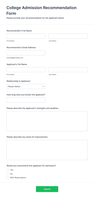 College Admission Recommendation Form Form Template