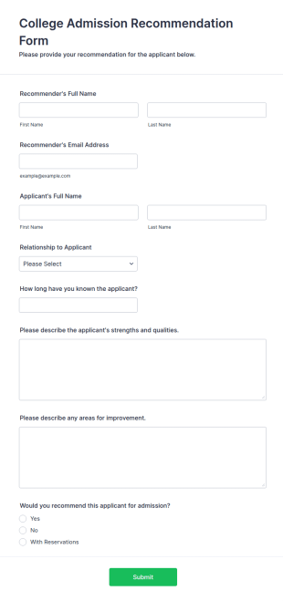 College Admission Recommendation Form Template