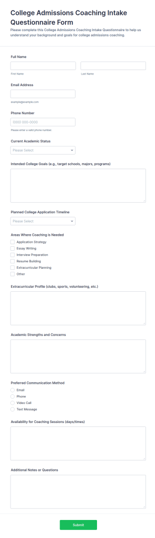 College Admissions Coaching Intake Questionnaire Form Template