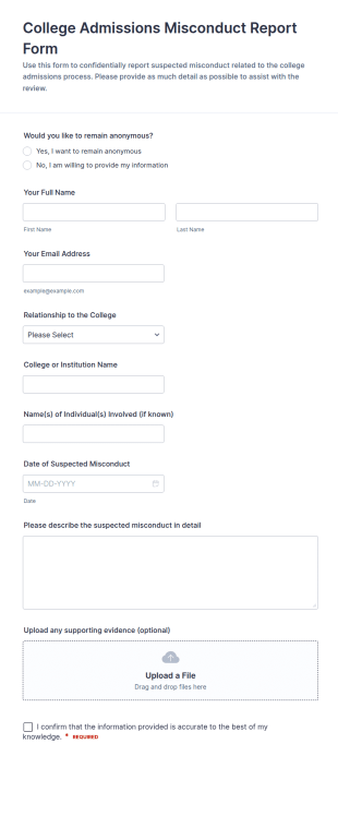 College Admissions Misconduct Report Form Template