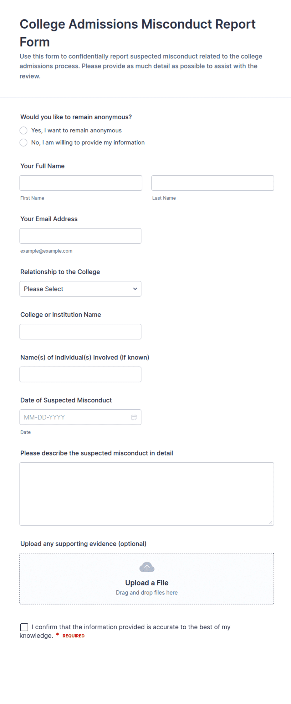 College Admissions Misconduct Report Form Template | Jotform