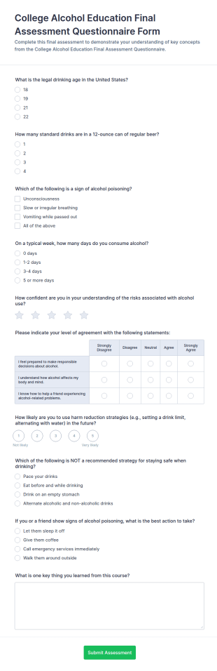 College Alcohol Education Final Assessment Form Template