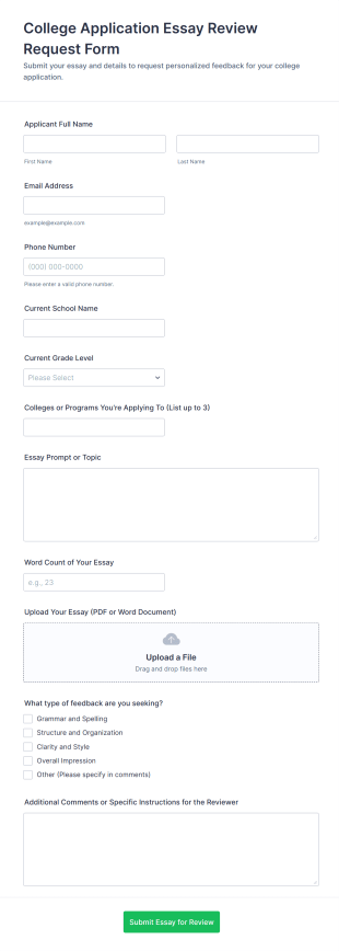 College Application Essay Review Request Form Template