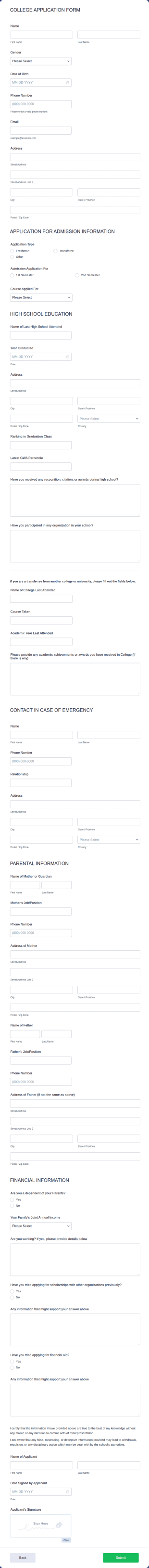 College Application Form Template