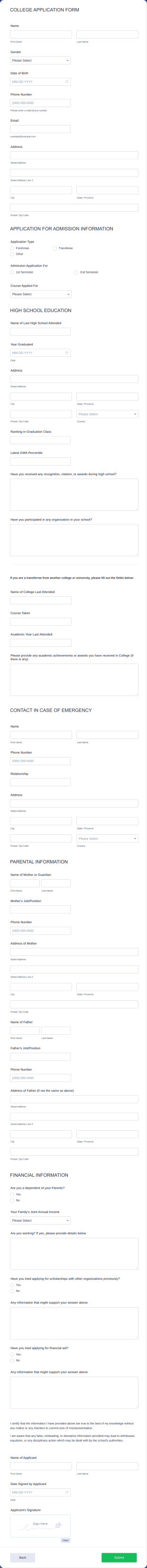 College Application Form Template