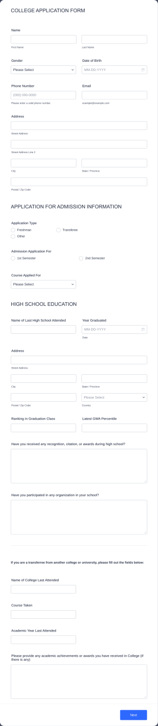 College Application Form Template
