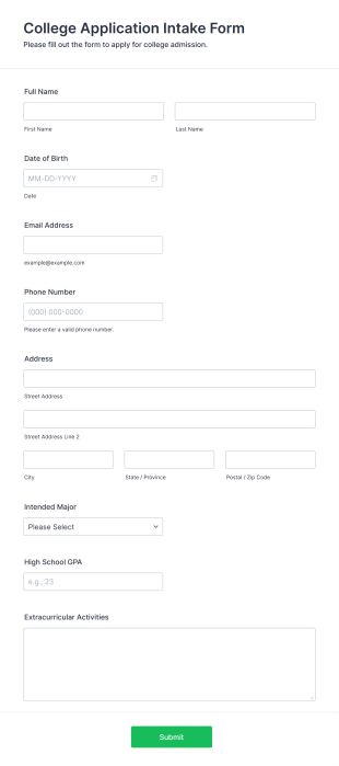 College Application Intake Form Form Template