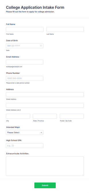 College Application Intake Form Template