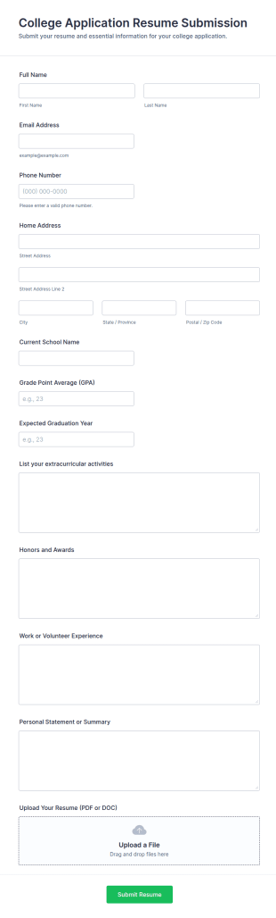 College Application Resume Submission Form Template