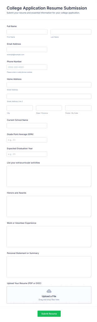 College Application Resume Submission Form Template