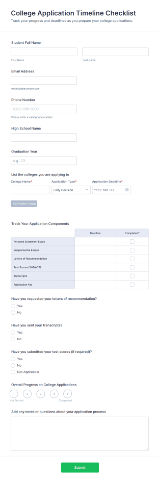 College Application Timeline Checklist Form Template