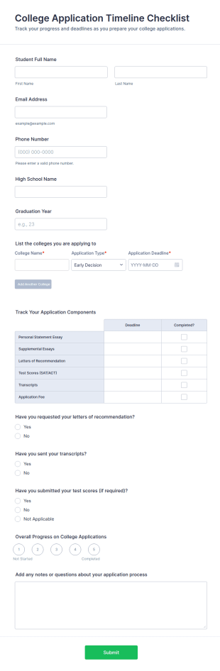 College Application Timeline Checklist Form Template
