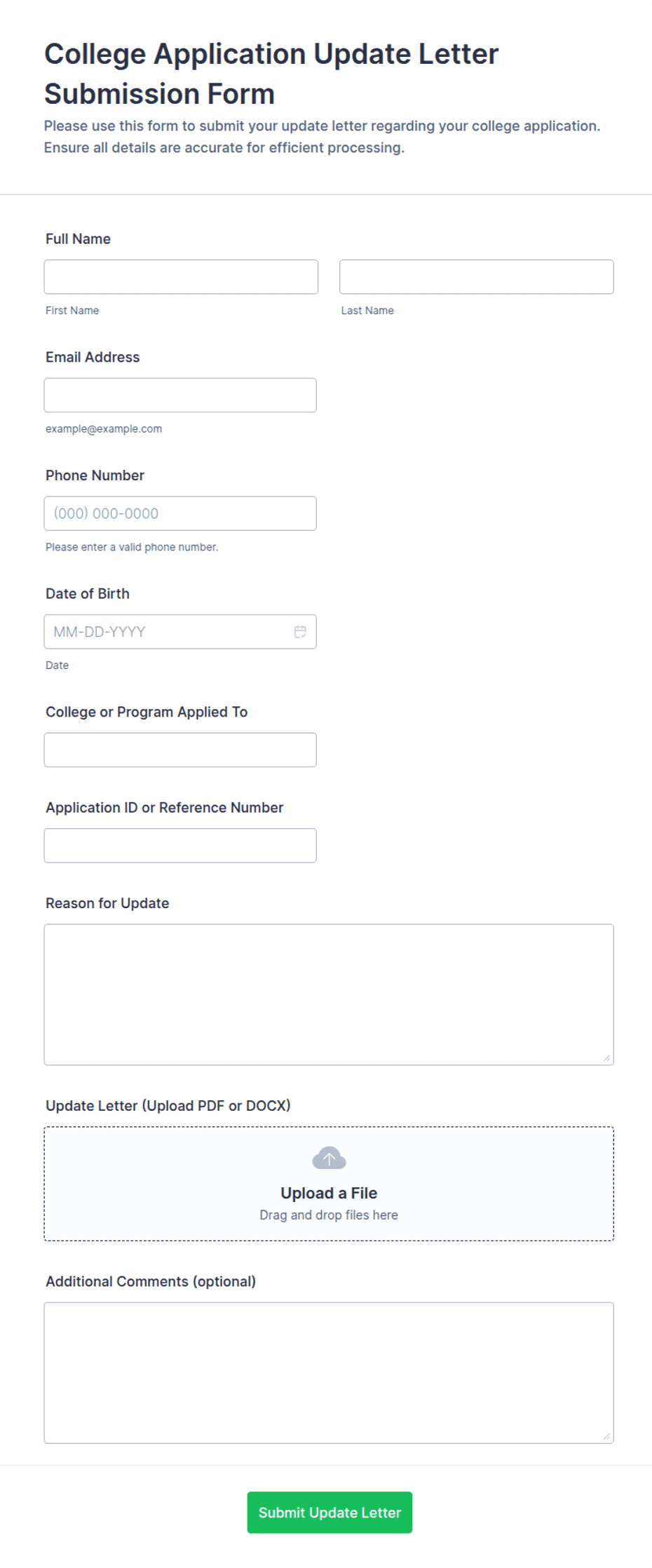 College Application Update Letter Submission Form Template | Jotform