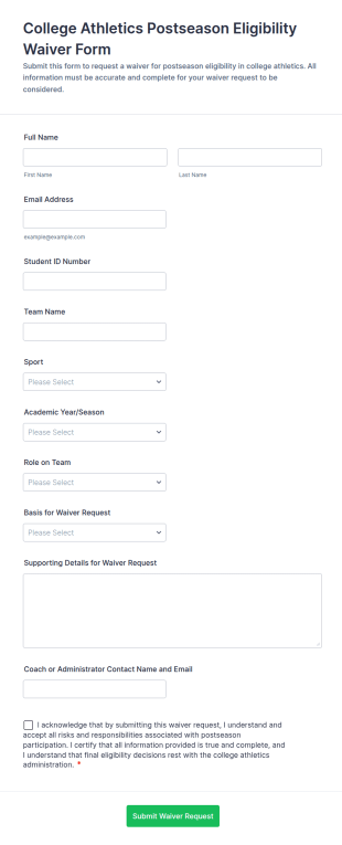 College Athletics Postseason Eligibility Waiver Form Template