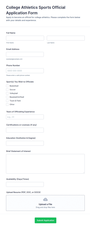 College Athletics Sports Official Application Form Template