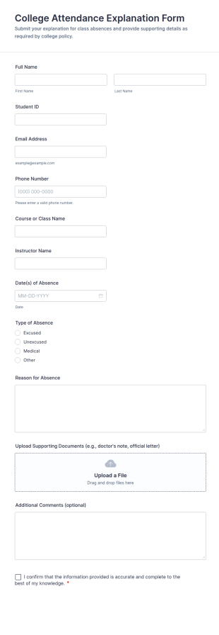 College Attendance Explanation Form Template
