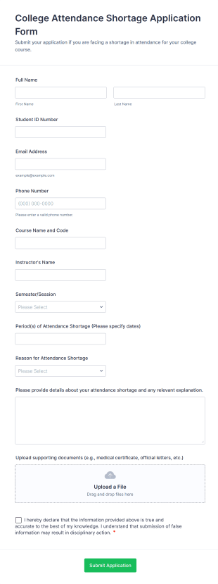 College Attendance Shortage Application Form Template