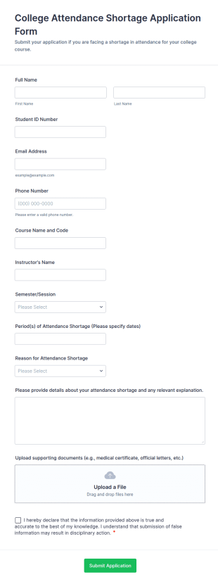College Attendance Shortage Application Form Template