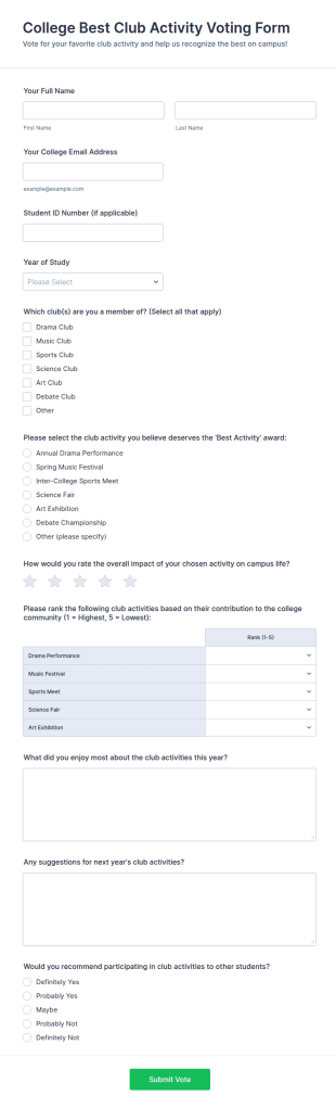 College Best Club Activity Voting Form Template