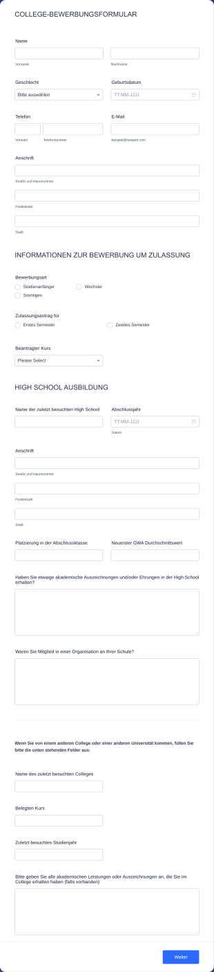 College Bewerbungsformular Form Template