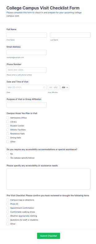College Campus Visit Checklist Form Template