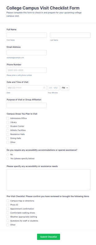 College Campus Visit Checklist Form Template
