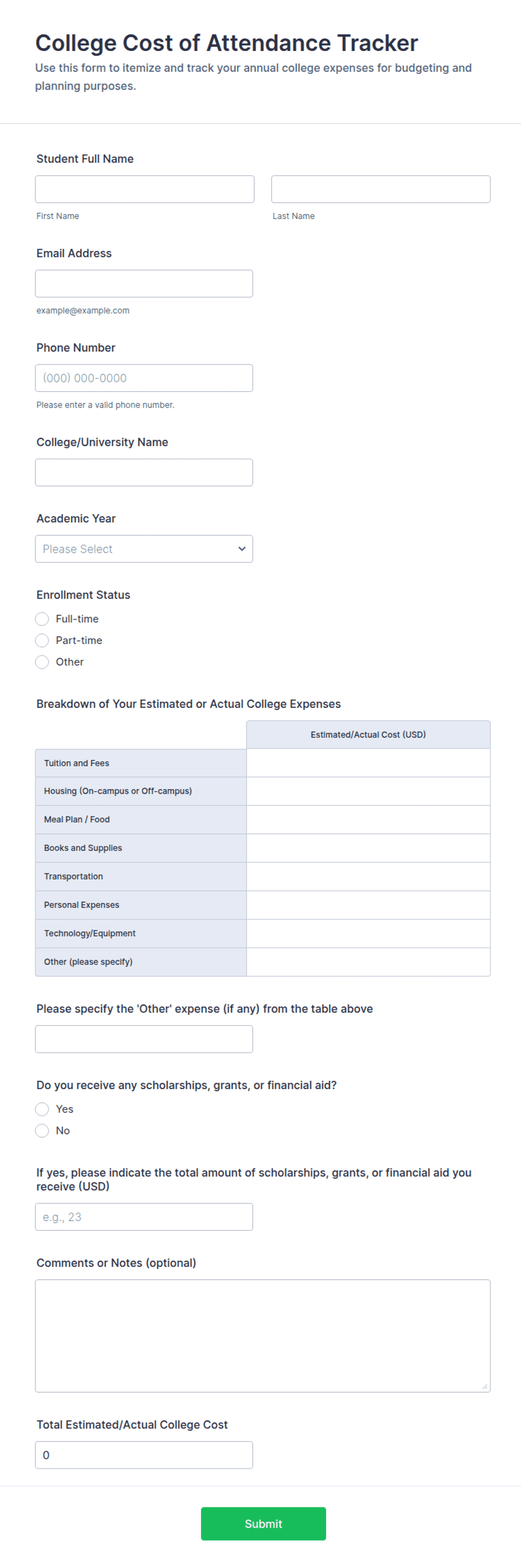 College Cost of Attendance Tracker Form Template | Jotform