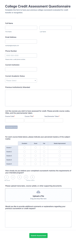 College Credit Assessment Questionnaire Form Template