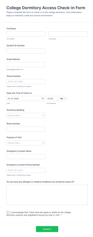 College Dormitory Access Check In Form Template