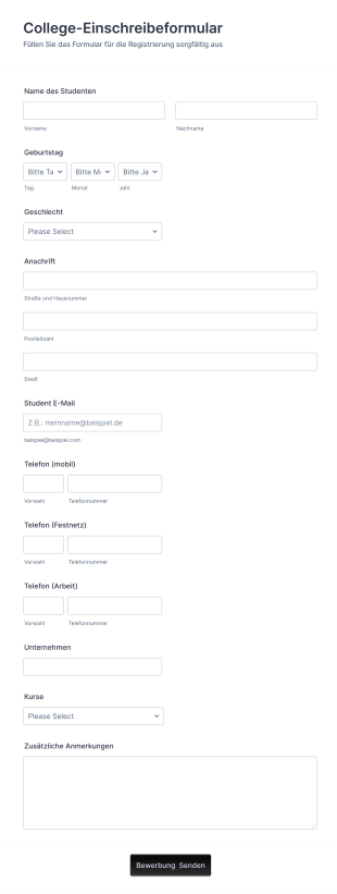 College Einschreibeformular Form Template