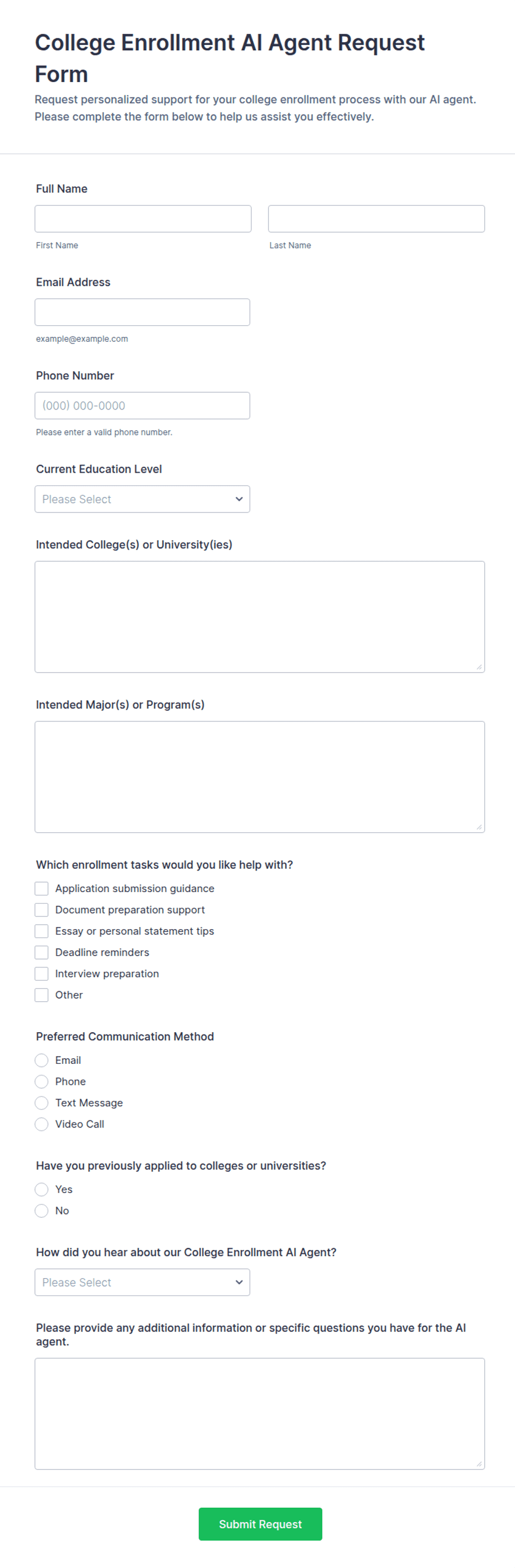College Enrollment AI Agent Request Form Template | Jotform