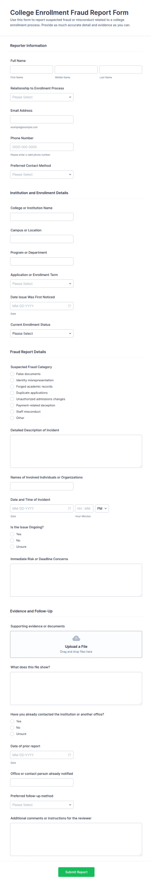 College Enrollment Fraud Report Form Template