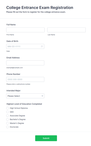 College Entrance Exam Form Form Template