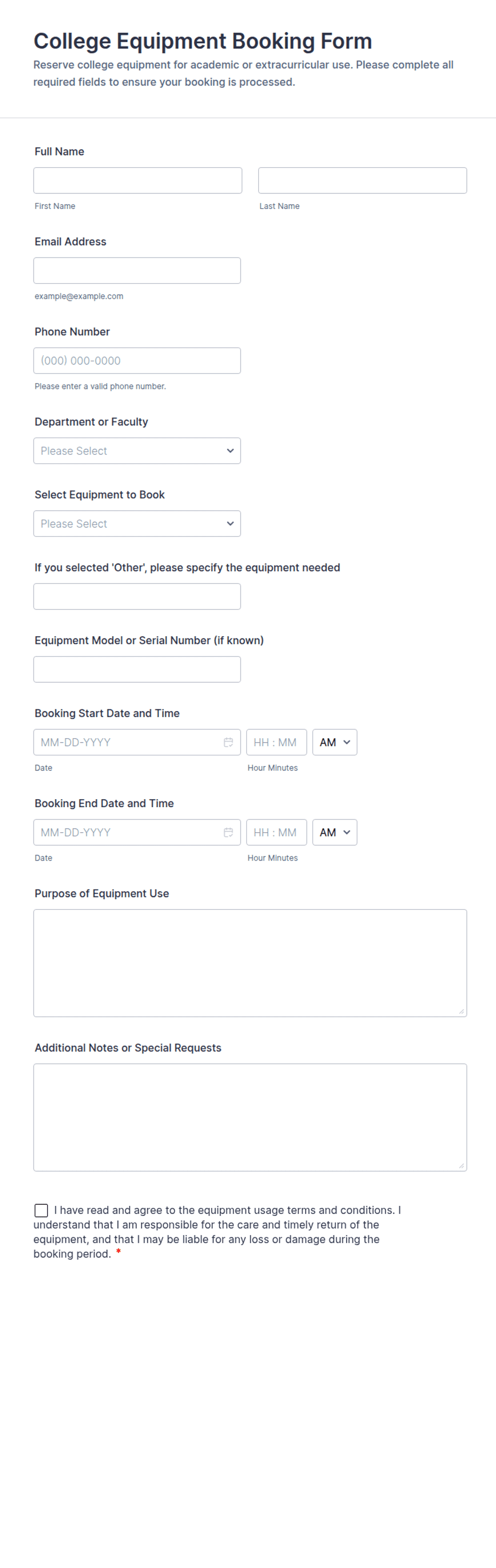 College Equipment Booking Form Template | Jotform