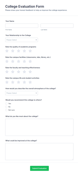 College Evaluation Form Template