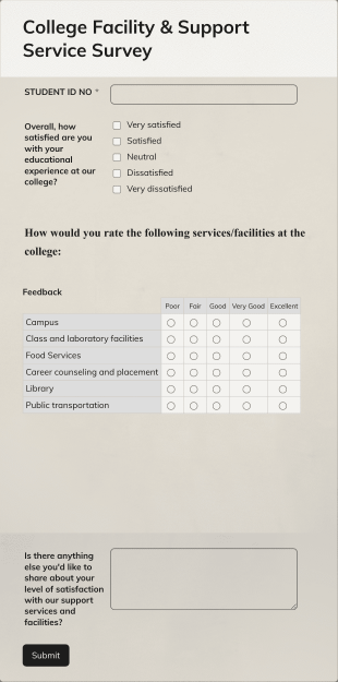 College Facility & Support Service Satisfaction Form Template