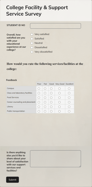 College Facility & Support Service Satisfaction Form Template