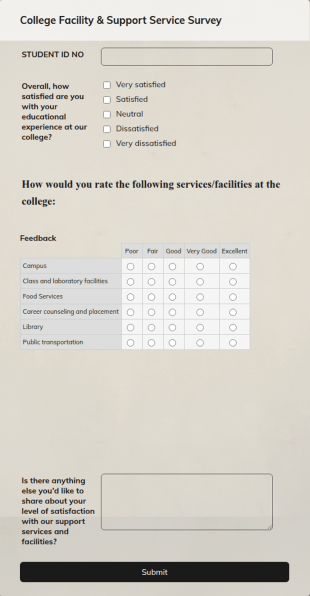College Facility & Support Service Satisfaction Form Template