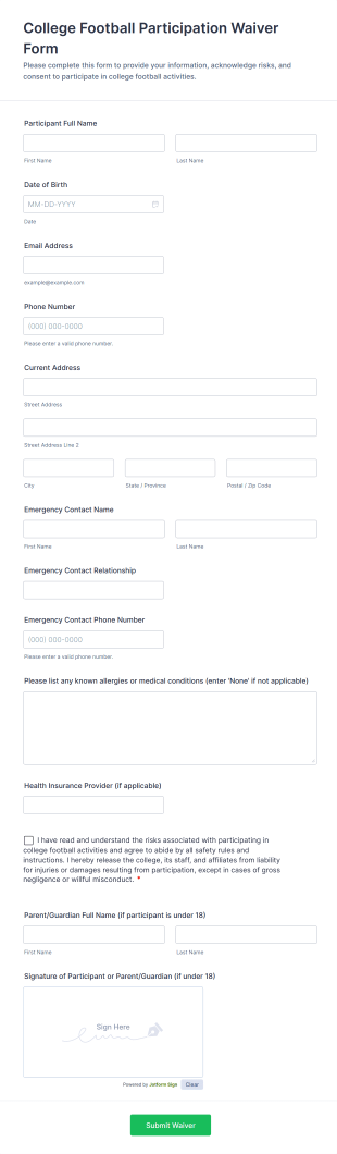 College Football Participation Waiver Form Template