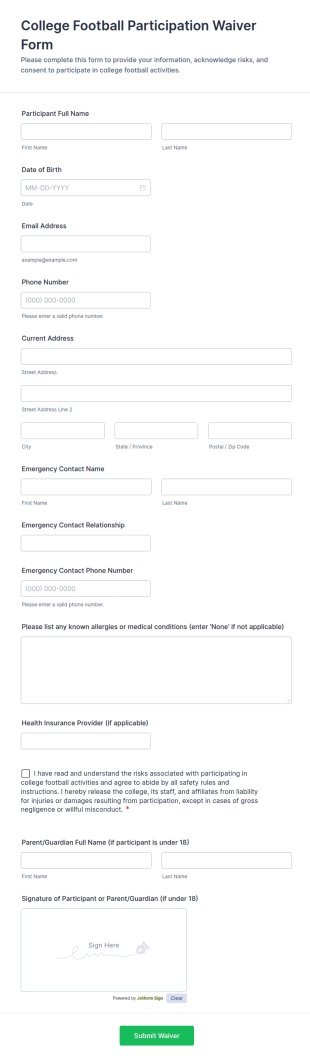 College Football Participation Waiver Form Template